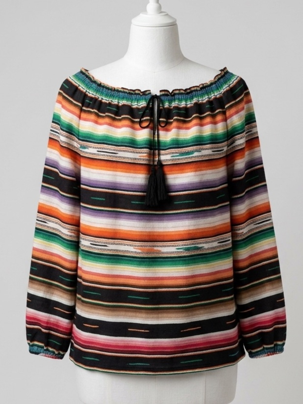 Lauren Ralph Lauren Serape Southwest Print Tassel Tie Peasant Top Size Medium